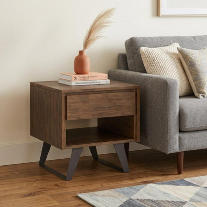 22" Brown And Black Distressed Solid Wood And Iron Square Sled End Table With Drawer And Shelf