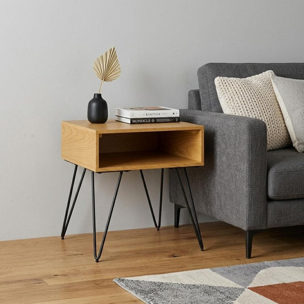 23" Oak Wood and Iron Square End Table With Shelf HomeRoots
