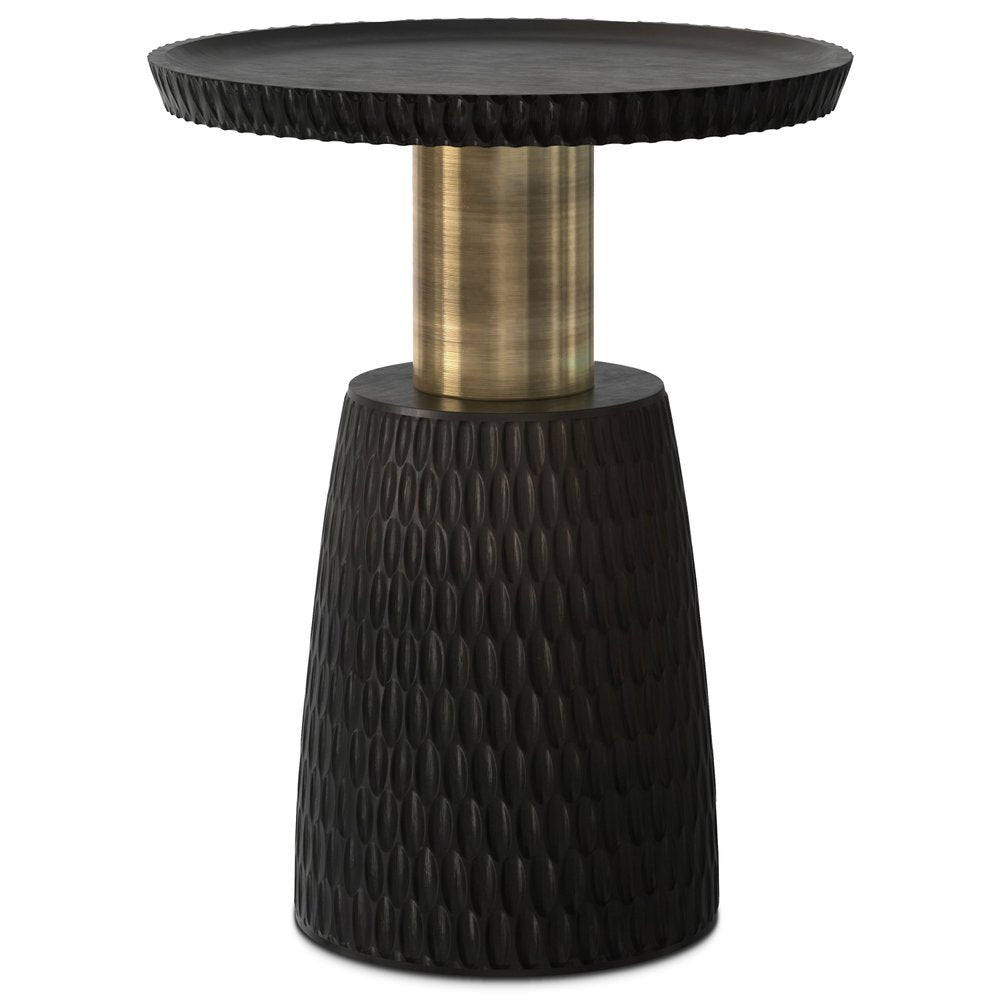 20" Black and Gold Distressed Solid Wood Round Pedestal End Table HomeRoots