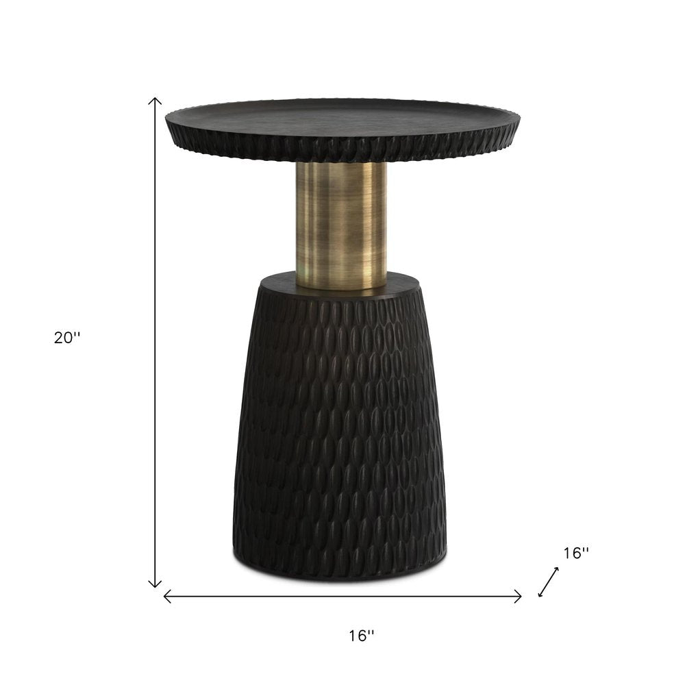 20" Black and Gold Distressed Solid Wood Round Pedestal End Table — view 4