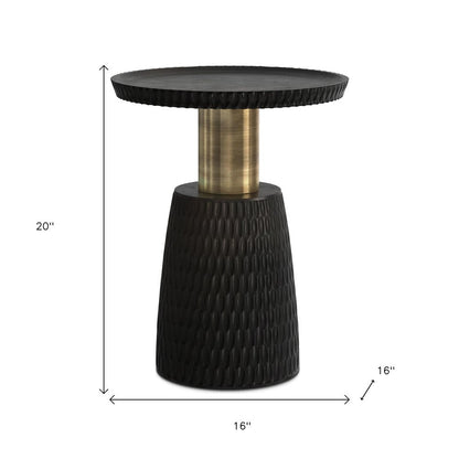 20" Black and Gold Distressed Solid Wood Round Pedestal End Table HomeRoots