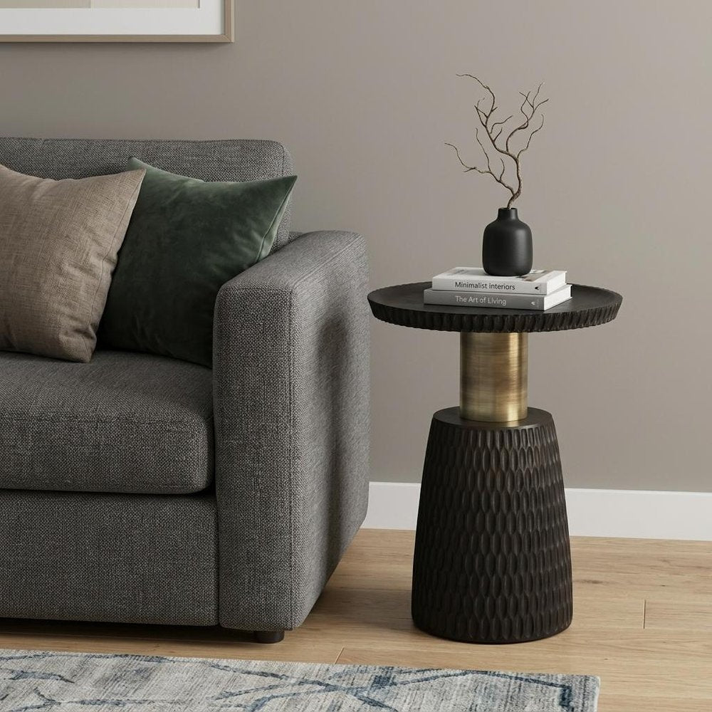 20" Black and Gold Distressed Solid Wood Round Pedestal End Table