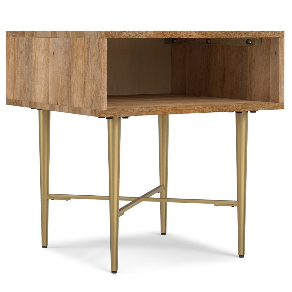 22" Natural and Gold Solid Wood and Iron Square End Table With Shelf — view 1