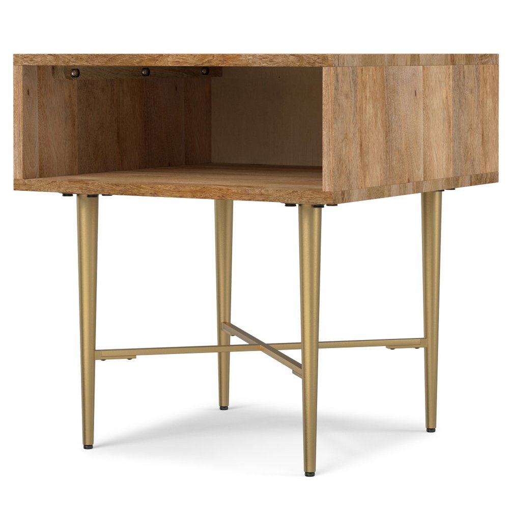 22" Natural and Gold Solid Wood and Iron Square End Table With Shelf HomeRoots