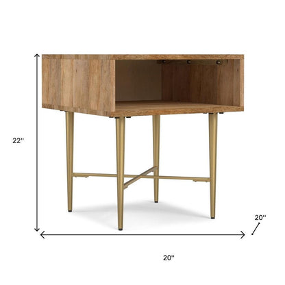 22" Natural and Gold Solid Wood and Iron Square End Table With Shelf HomeRoots