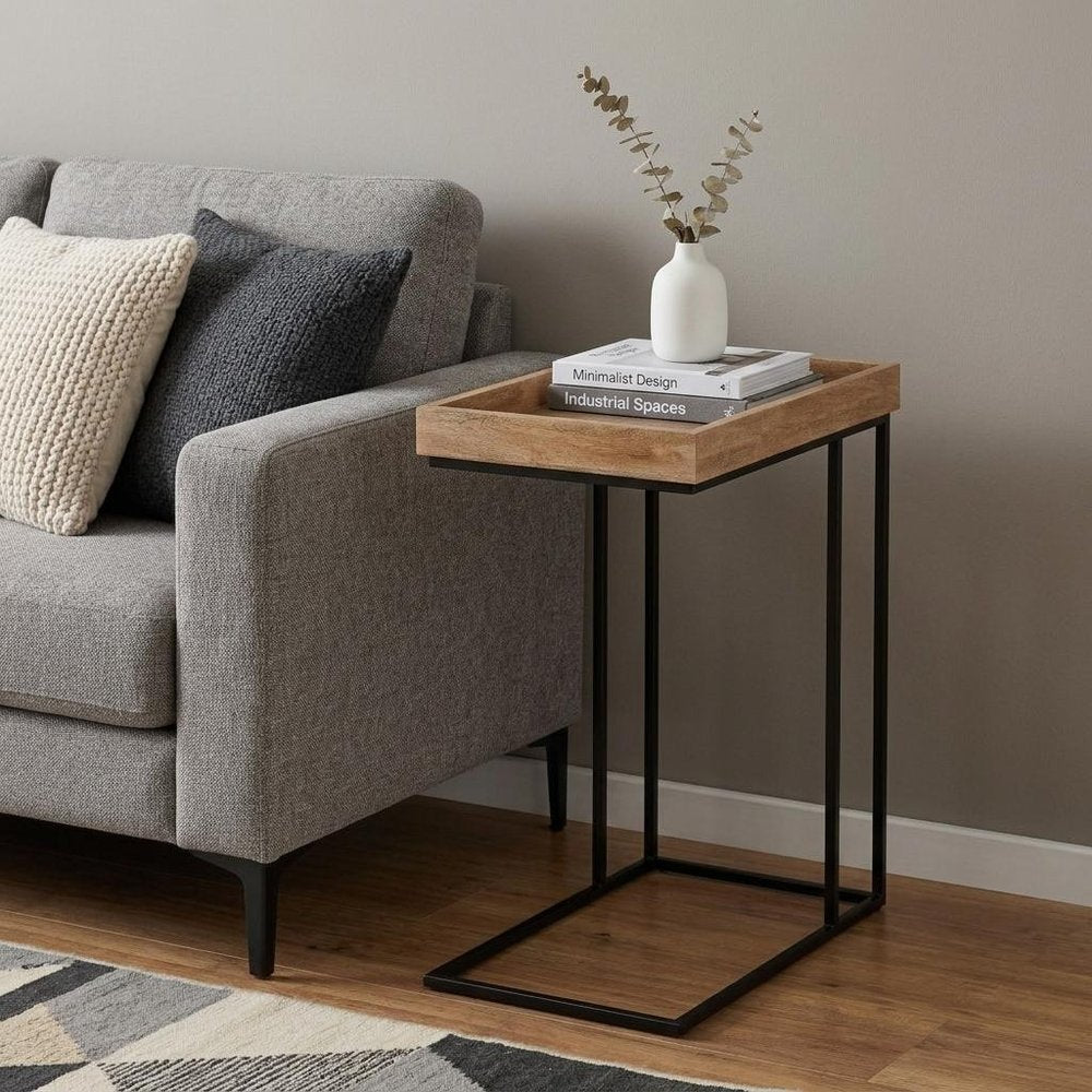24" Natural Distressed Solid Wood and Steel End Table — view 5