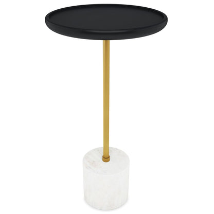 23" Black Gold and White Solid Wood Iron and Marble Round Pedestal End Table HomeRoots