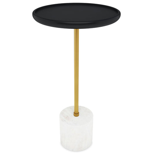 23" Black Gold and White Solid Wood Iron and Marble Round Pedestal End Table