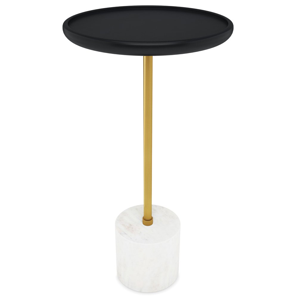 23" Black Gold and White Solid Wood Iron and Marble Round Pedestal End Table — view 1