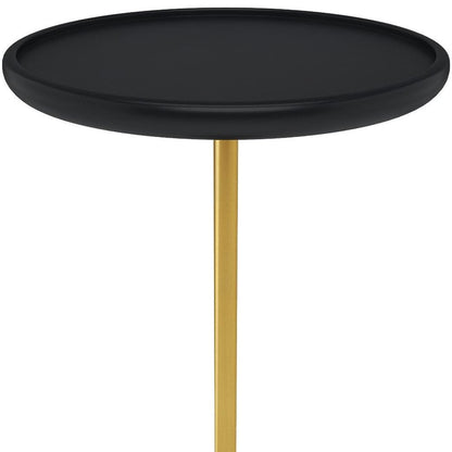 23" Black Gold and White Solid Wood Iron and Marble Round Pedestal End Table