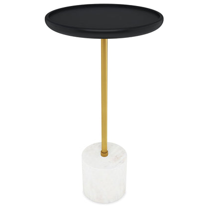 23" Black Gold and White Solid Wood Iron and Marble Round Pedestal End Table HomeRoots