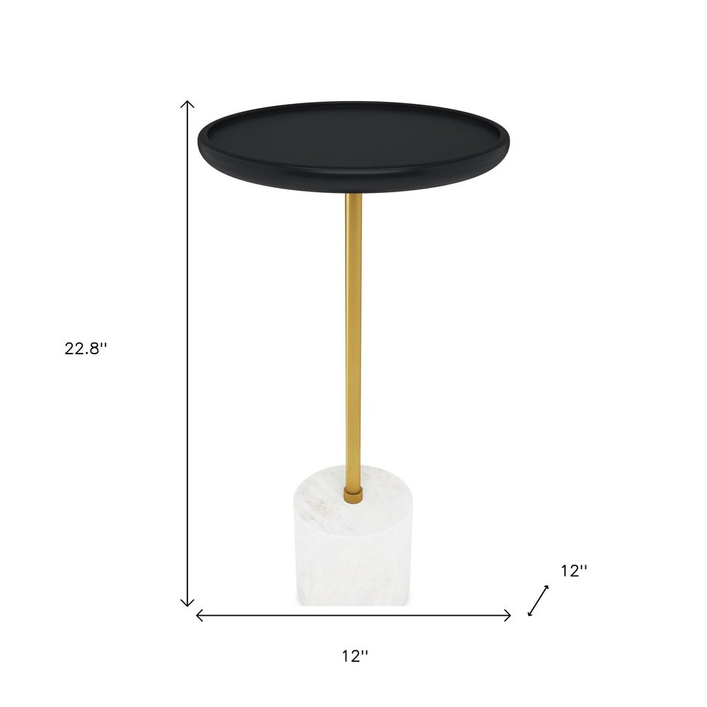 23" Black Gold and White Solid Wood Iron and Marble Round Pedestal End Table HomeRoots