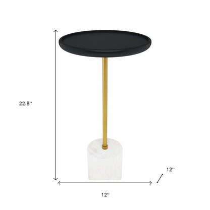 23" Black Gold and White Solid Wood Iron and Marble Round Pedestal End Table HomeRoots
