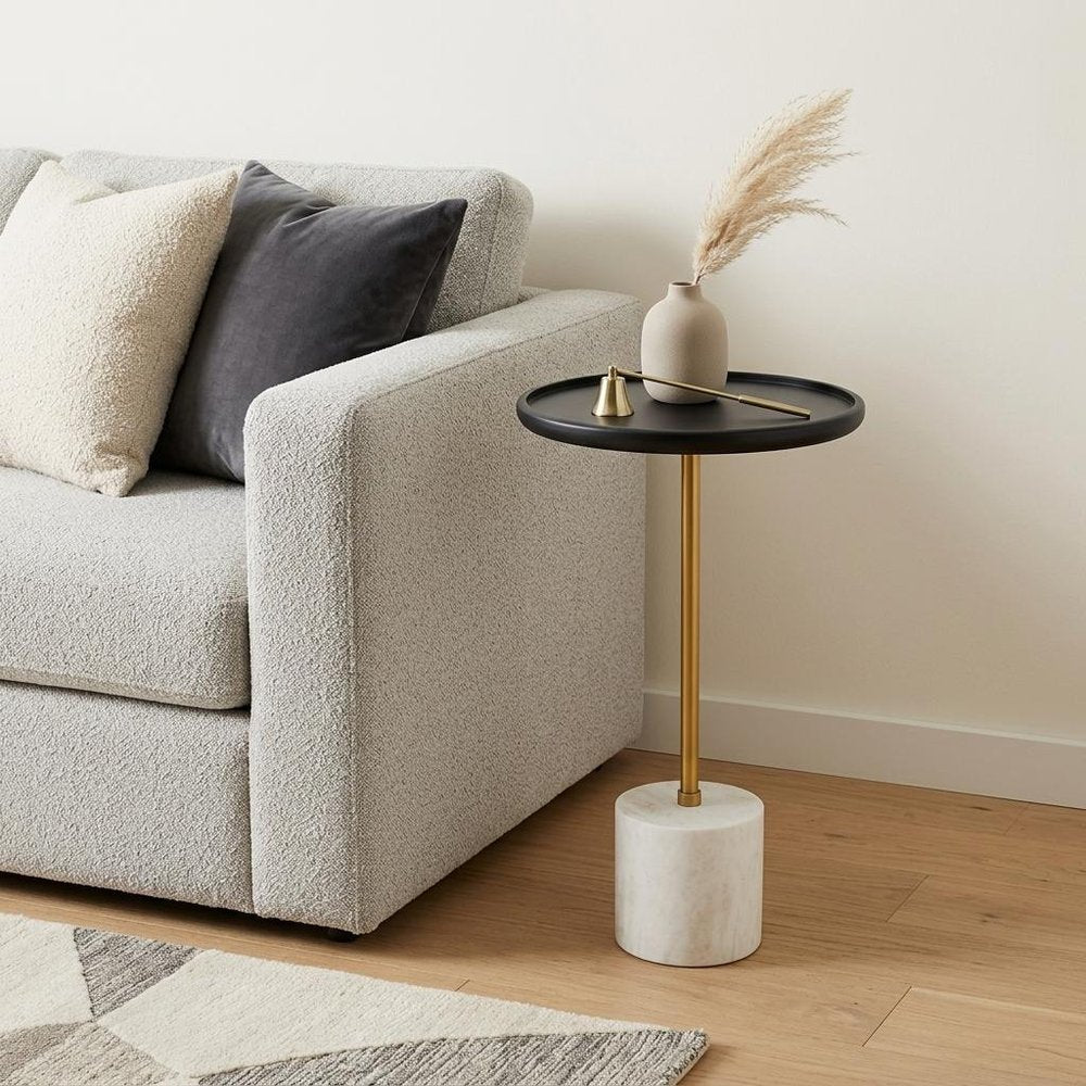 23" Black Gold and White Solid Wood Iron and Marble Round Pedestal End Table — view 5