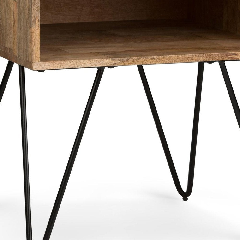 23" Natural Solid Wood and Iron Square End Table With Shelf — view 2