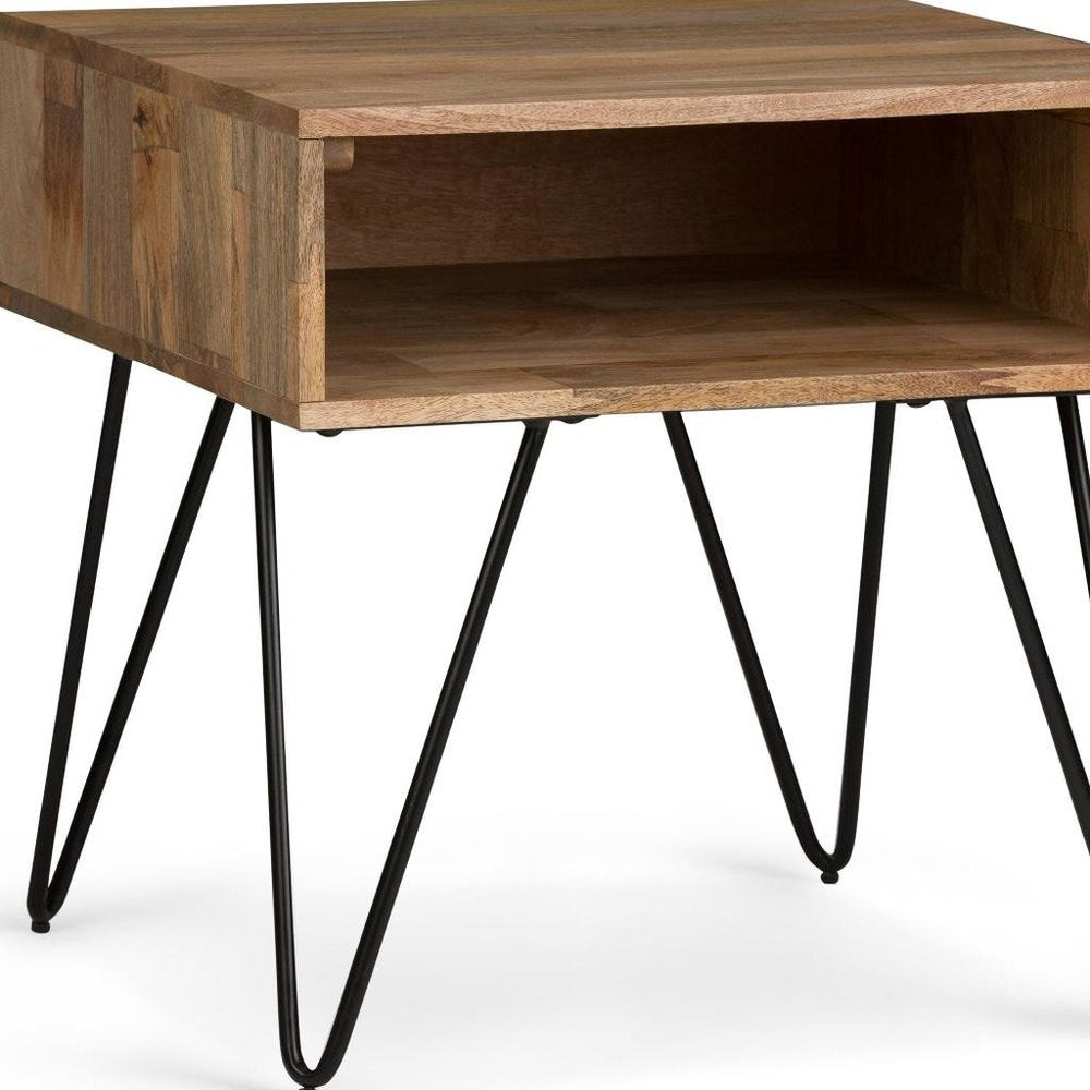23" Natural Solid Wood and Iron Square End Table With Shelf HomeRoots