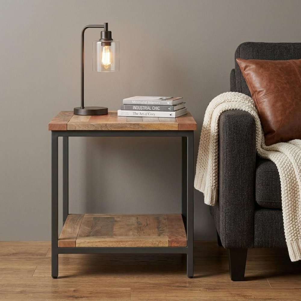 22" Natural and Charcoal Solid Wood and Steel Square End Table HomeRoots