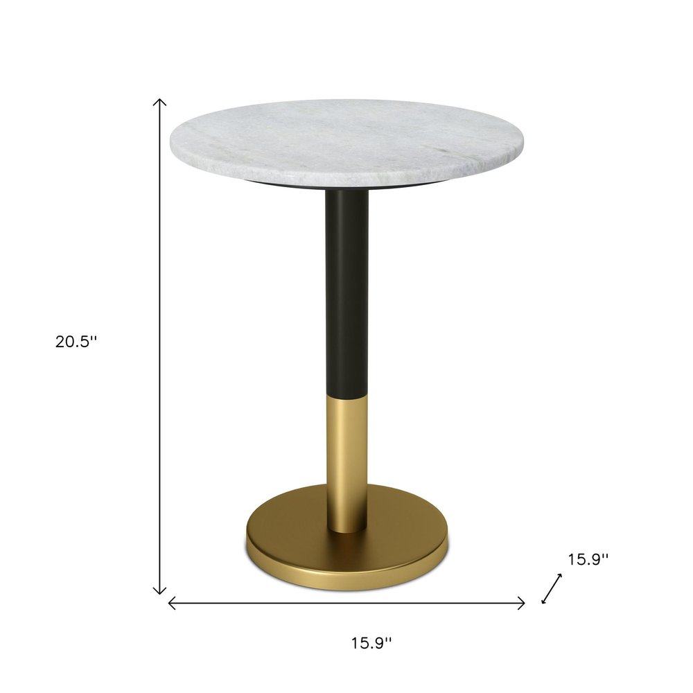21" White Black and Gold Marble and Iron Round Pedestal End Table — view 3