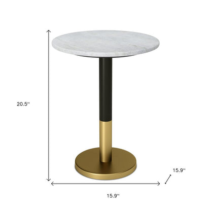 21" White Black and Gold Marble and Iron Round Pedestal End Table HomeRoots