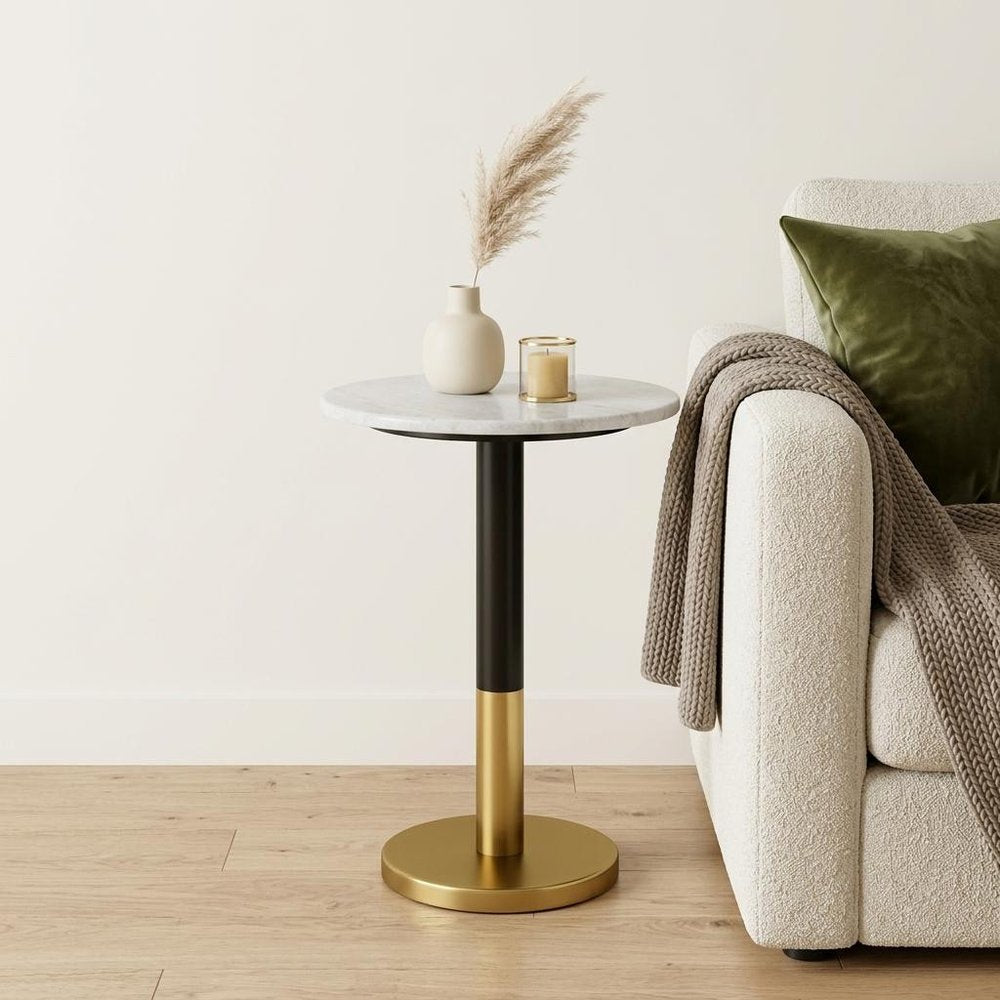 21" White Black and Gold Marble and Iron Round Pedestal End Table HomeRoots