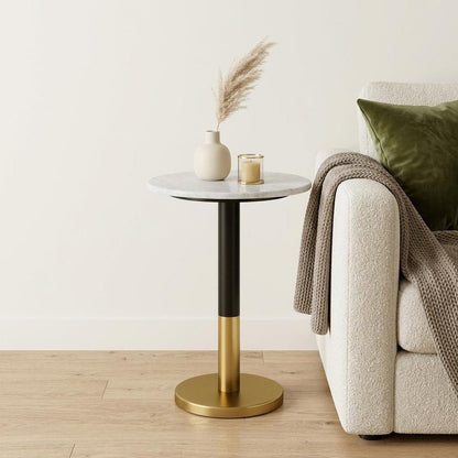 21" White Black and Gold Marble and Iron Round Pedestal End Table HomeRoots