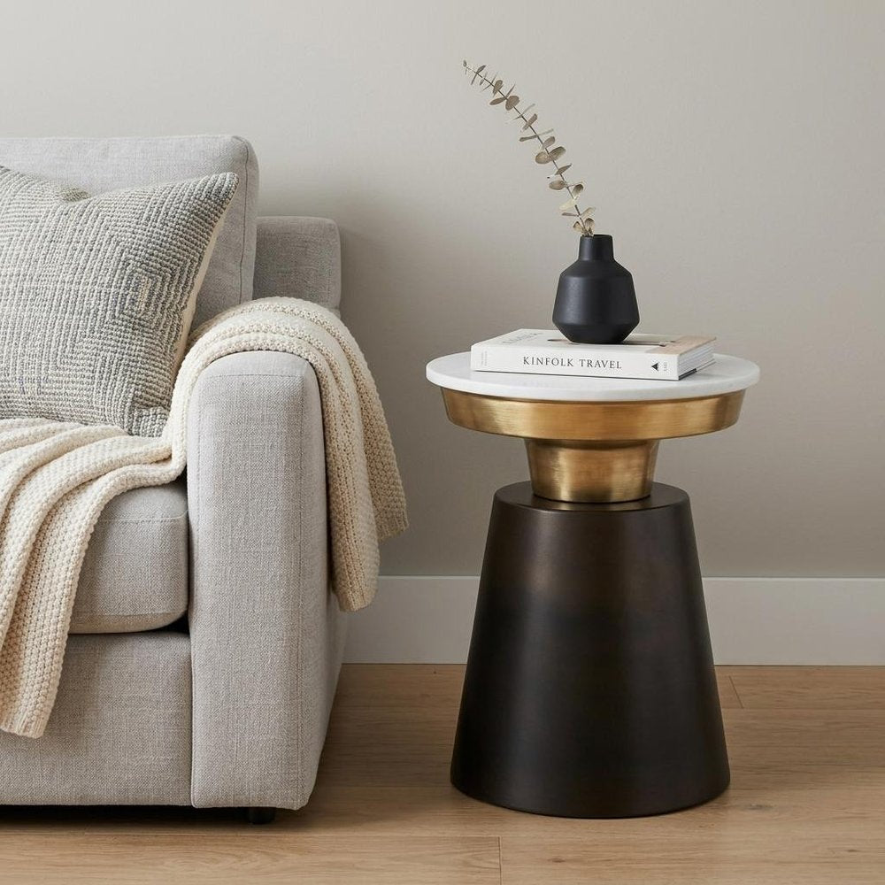 20" White Black and Gold Marble and Iron Round End Table HomeRoots