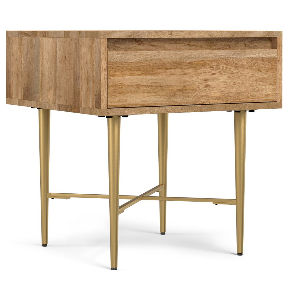 22" Natural and Gold Solid Wood and Iron Square End Table With Drawer — view 1