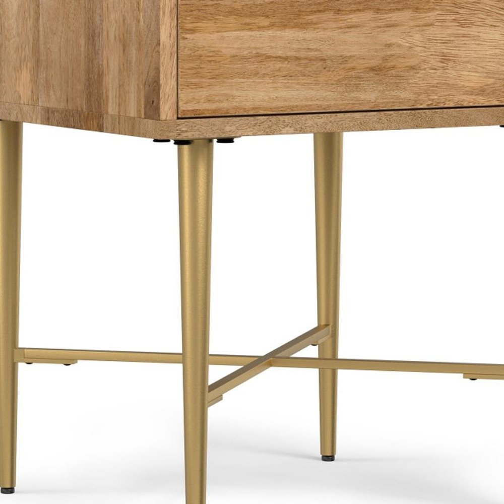 22" Natural and Gold Solid Wood and Iron Square End Table With Drawer — view 2