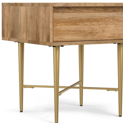 22" Natural and Gold Solid Wood and Iron Square End Table With Drawer HomeRoots