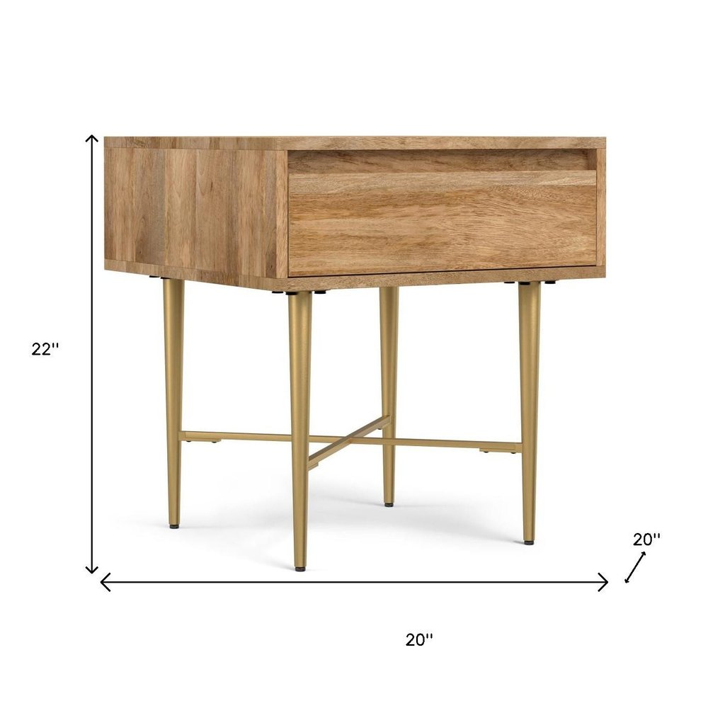 22" Natural and Gold Solid Wood and Iron Square End Table With Drawer — view 4