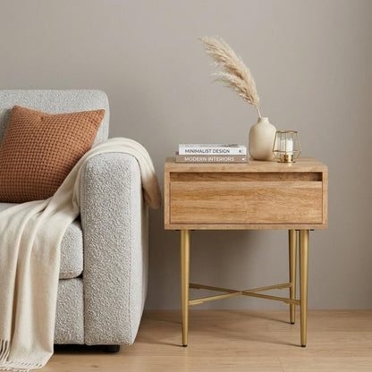 22" Natural and Gold Solid Wood and Iron Square End Table With Drawer HomeRoots