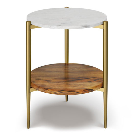 23" White Antiqued Brass And Natural Marble Iron And Solid Wood Round End Table With Shelf