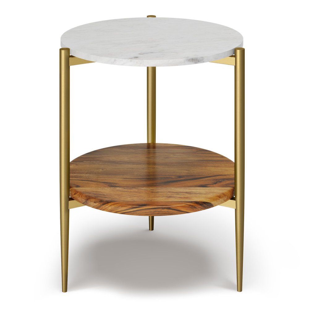 23" White Antiqued Brass And Natural Marble Iron And Solid Wood Round End Table With Shelf