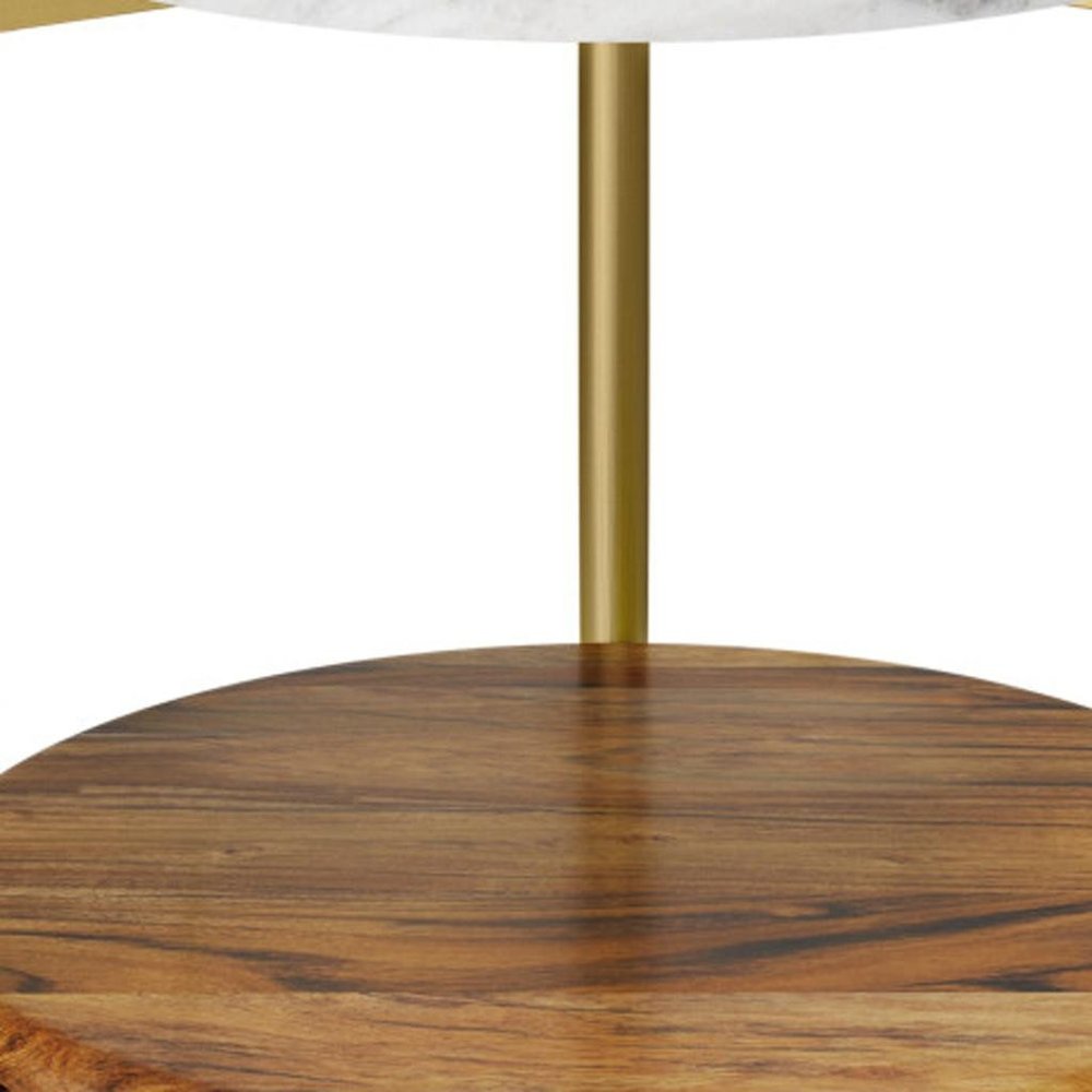 23" White Antiqued Brass and Natural Marble Iron and Solid Wood Round End Table With Shelf HomeRoots