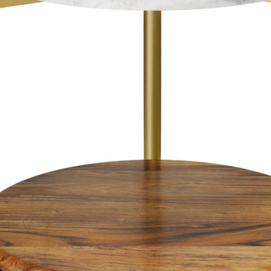 23" White Antiqued Brass And Natural Marble Iron And Solid Wood Round End Table With Shelf