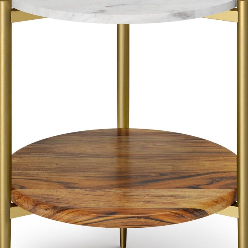 23" White Antiqued Brass and Natural Marble Iron and Solid Wood Round End Table With Shelf — view 3