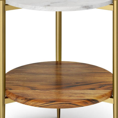 23" White Antiqued Brass and Natural Marble Iron and Solid Wood Round End Table With Shelf HomeRoots