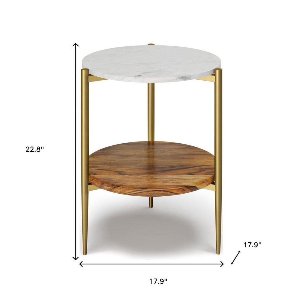 23" White Antiqued Brass And Natural Marble Iron And Solid Wood Round End Table With Shelf