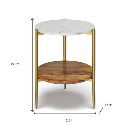 23" White Antiqued Brass And Natural Marble Iron And Solid Wood Round End Table With Shelf