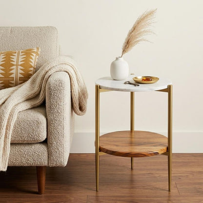 23" White Antiqued Brass and Natural Marble Iron and Solid Wood Round End Table With Shelf HomeRoots