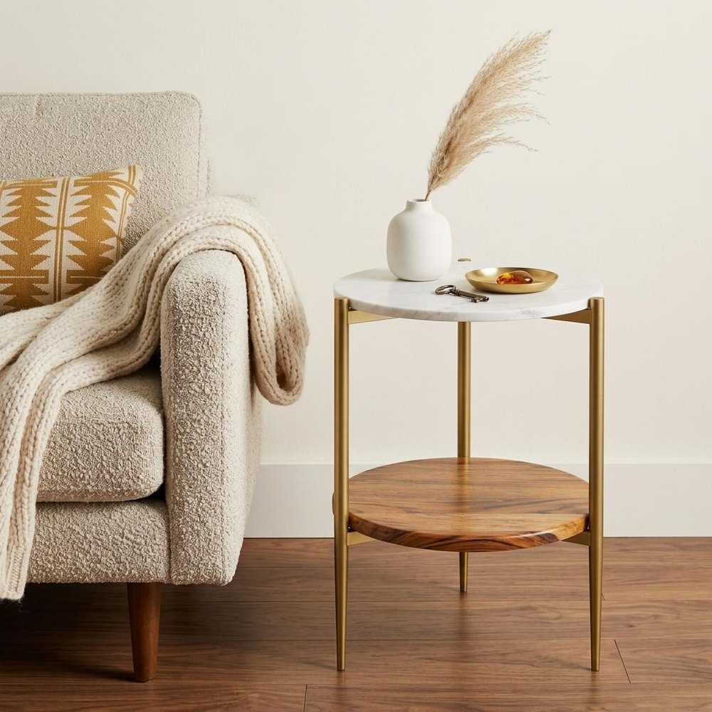 23" White Antiqued Brass And Natural Marble Iron And Solid Wood Round End Table With Shelf