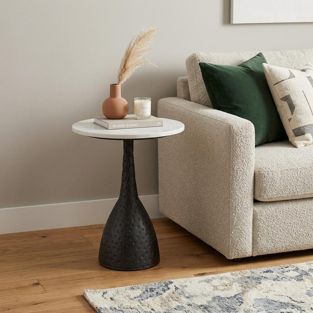 20" White and Black Marble and Aluminum Round Pedestal End Table — view 5