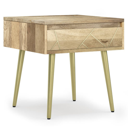 22" Gold and Natural Solid Wood and Iron End Table With Drawer