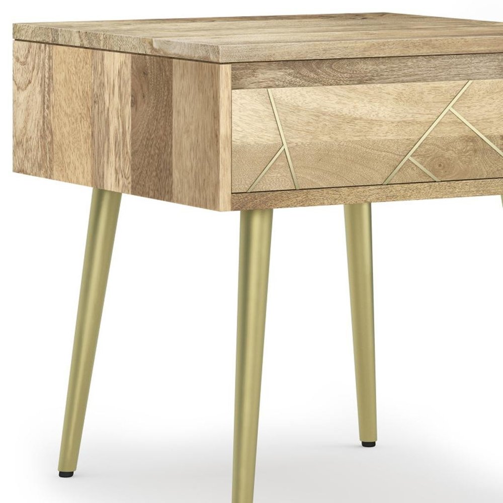 22" Gold and Natural Solid Wood and Iron End Table With Drawer — view 3