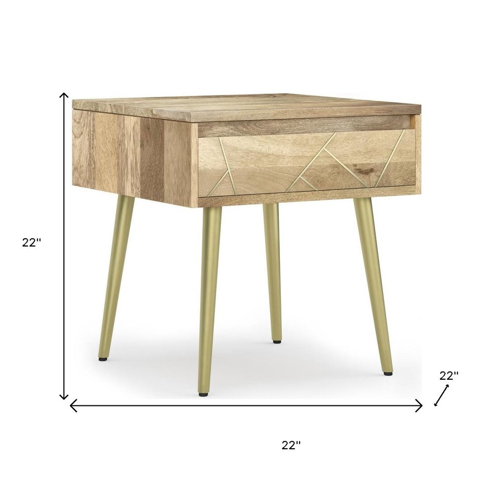 22" Gold and Natural Solid Wood and Iron End Table With Drawer HomeRoots