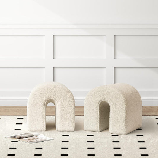 17" White Boucle Oval Footstool Ottoman HomeRoots
