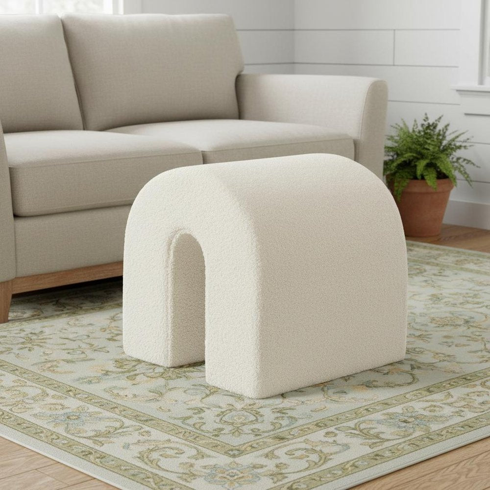 17" White Boucle Oval Footstool Ottoman HomeRoots