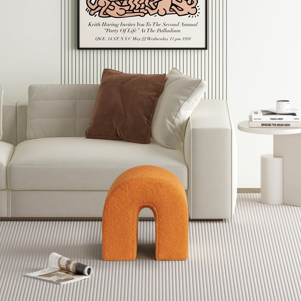 17" Orange Boucle Oval Footstool Ottoman HomeRoots