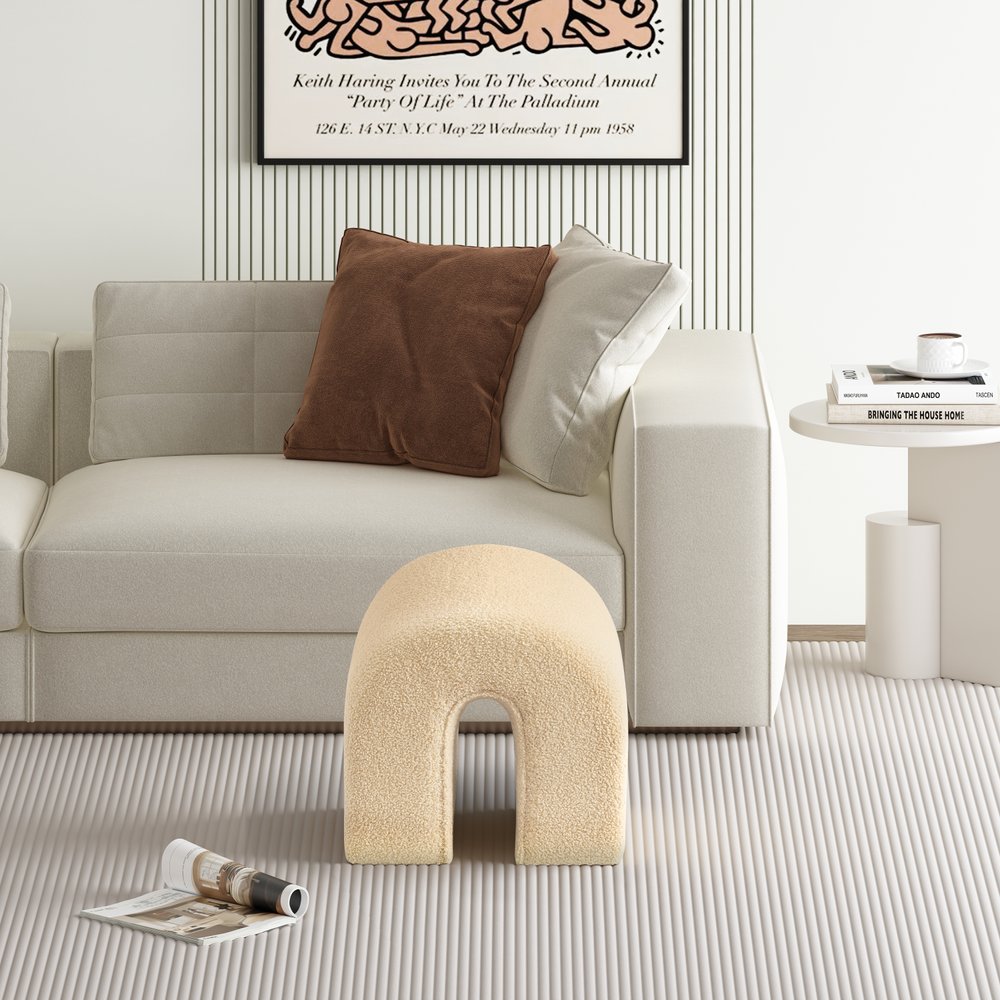 17" Beige Boucle Oval Footstool Ottoman HomeRoots