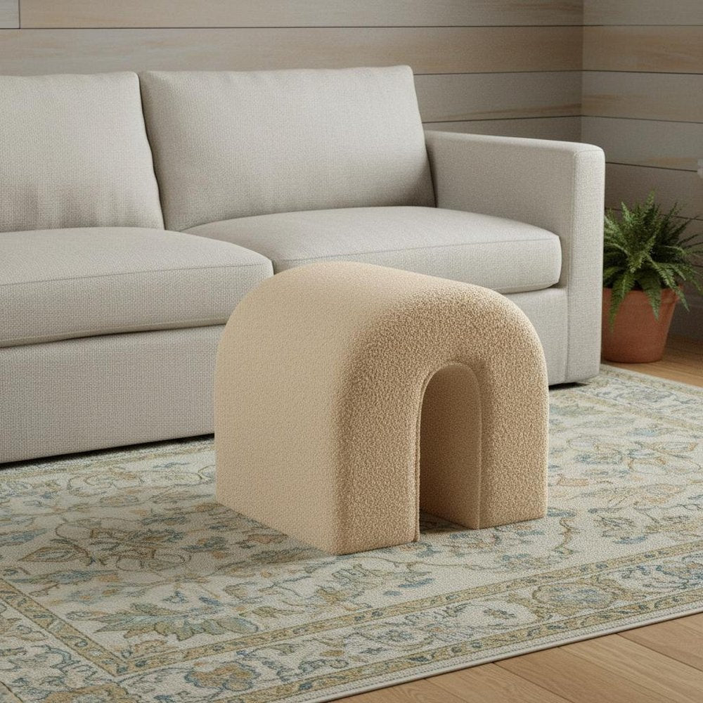 17" Beige Boucle Oval Footstool Ottoman HomeRoots